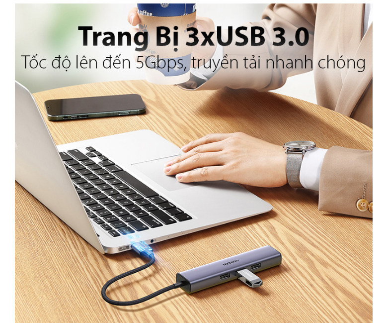Bộ chia HUB USB 3.0 sang Lan 100/1000 + 3xUSB 3.0 Ugreen 20915 (Có trợ nguồn USB-C)