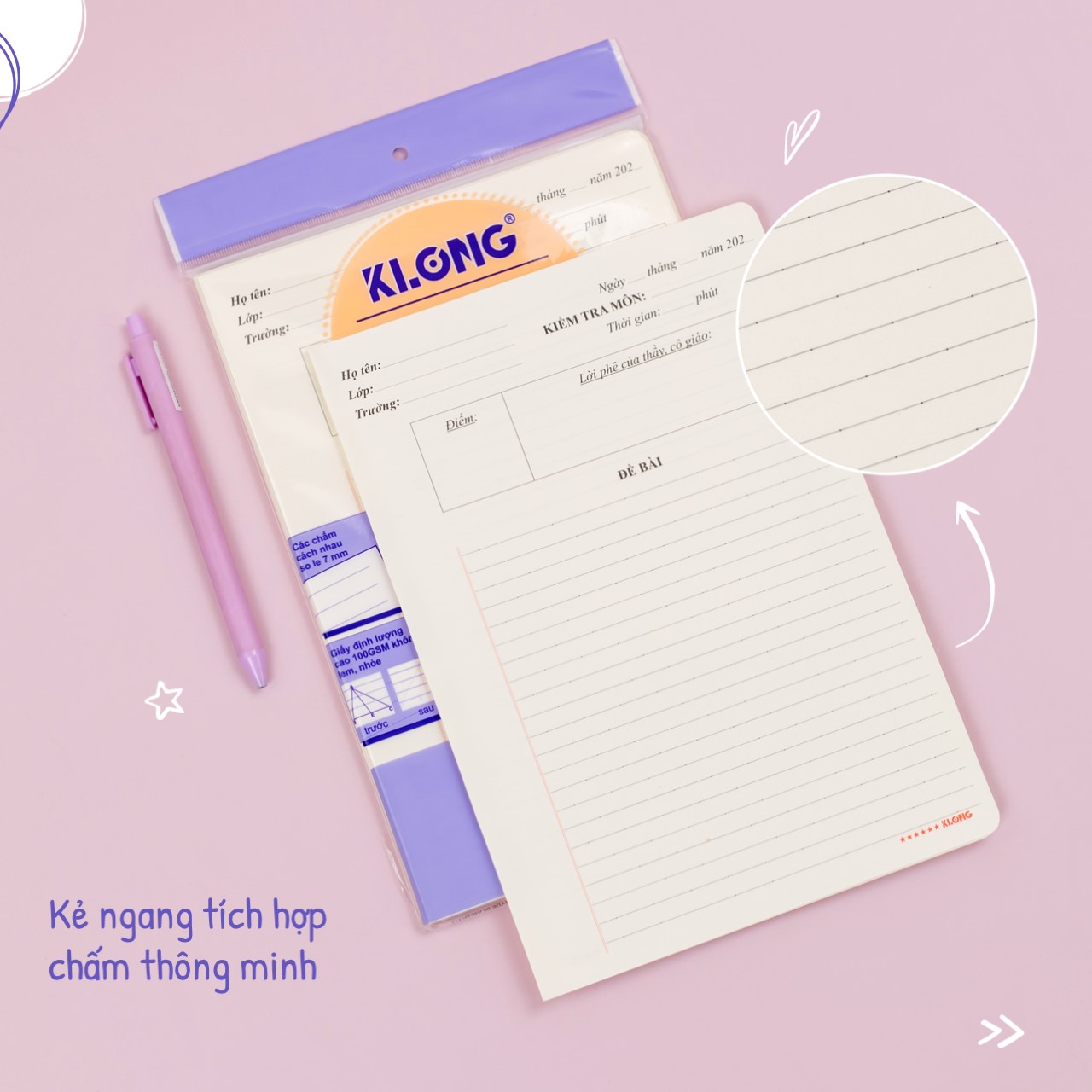 Giấy kiểm tra tờ đôi cấp 2, 3 tập 20 tờ klong ms 279 định lượng cao b5, giấy làm bài klong