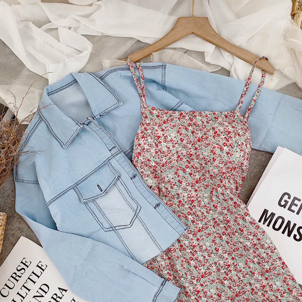 [HCM]Set đầm 2s hoa + khoác crop jean ??