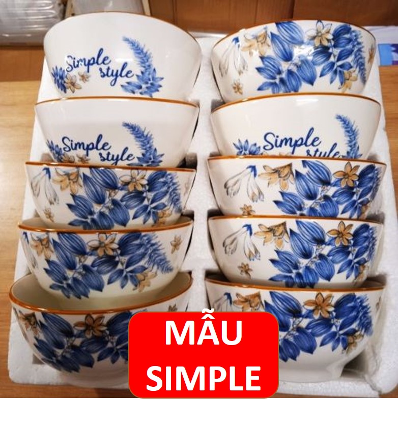 Bộ 10 Chén gốm sứ hoa văn Simple 4D + 10 đôi đũa nhựa