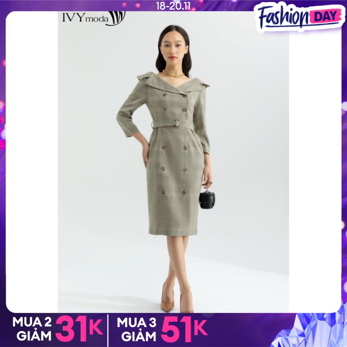 [TỪ 22-24.1|VOUCHER 15% ĐƠN 500K] Đầm kẻ cổ cách điệu IVY moda MS 48M6009