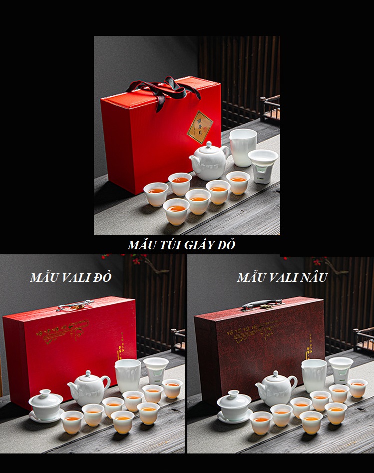 Bộ ấm chén pha trà đạo bằng sứ Bạch Định Thấu Quang
