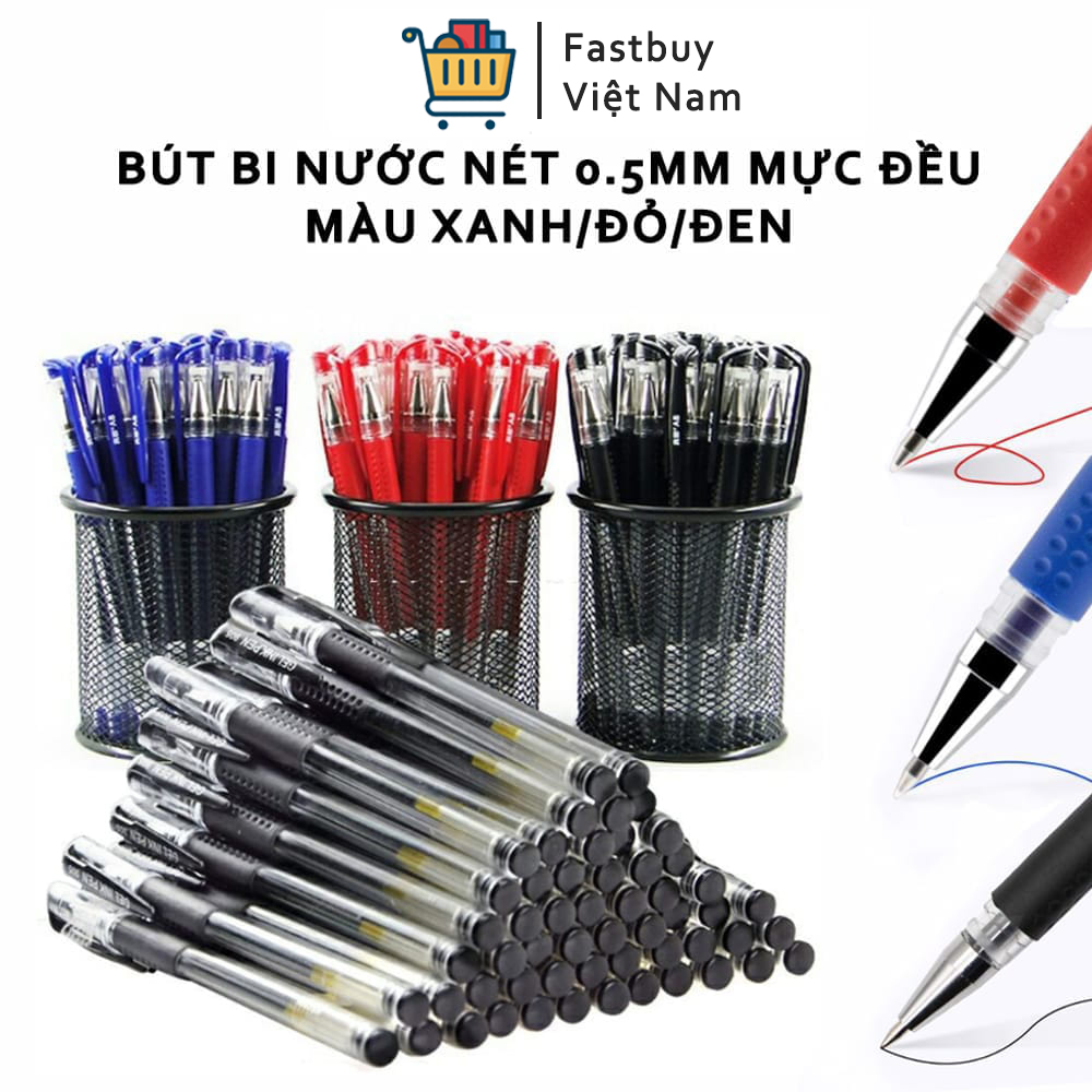 Sét 100 Bút Bi Nước Văn Phòng 0,5mm Màu Mực Đẹp Ngòi Bút Mảnh Lên Chữ Đẹp Đủ Màu Đỏ, Đen, Xanh