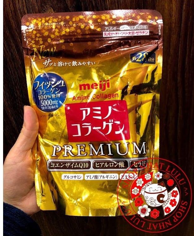 [Date 2025] Bột Collagen meiji premium 5000mg màu vàng dạng túi gói 214g Nhật bản