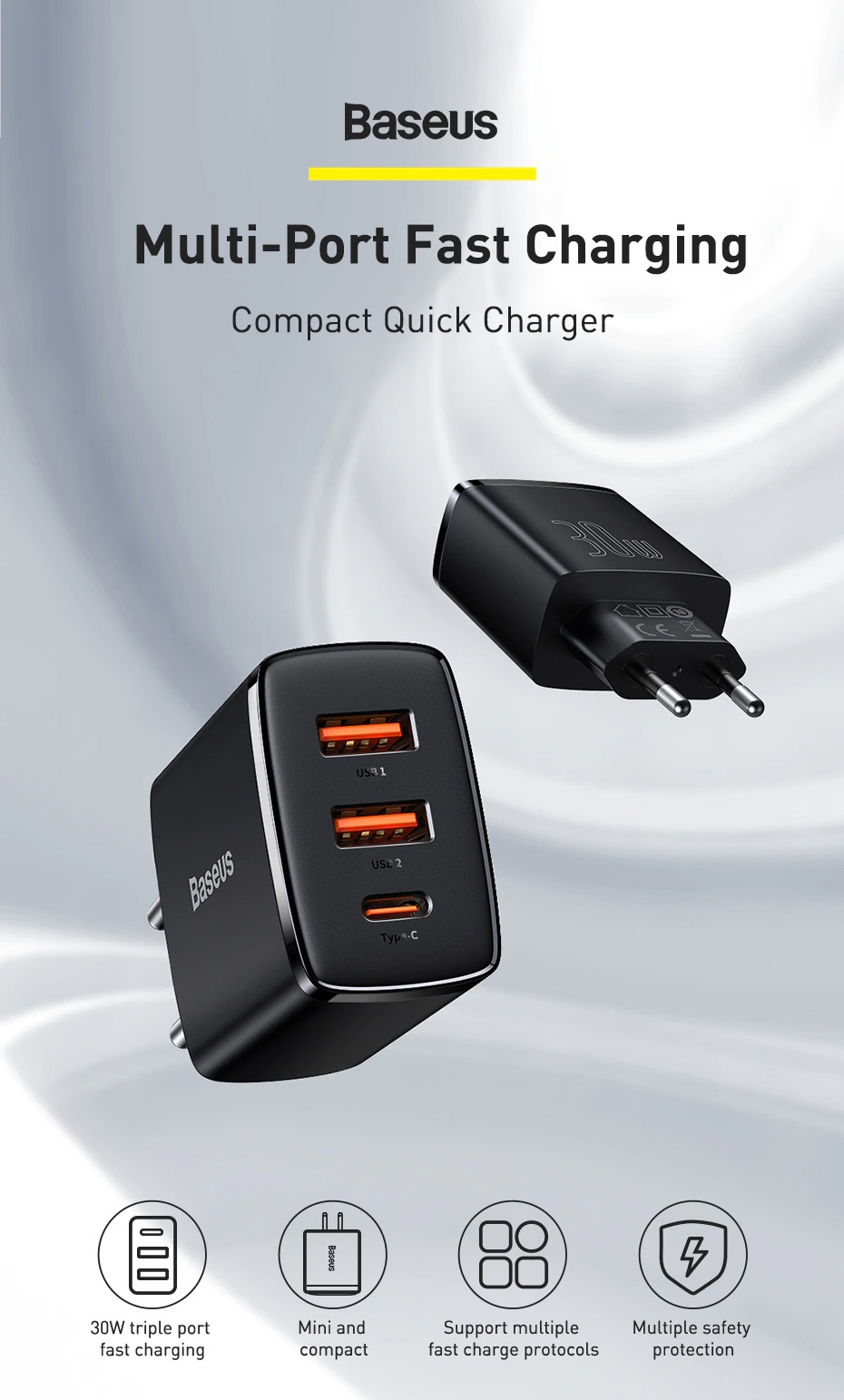 Củ sạc nhanh 3 cổng 30w baseus compact quick charger 2U+C 30W