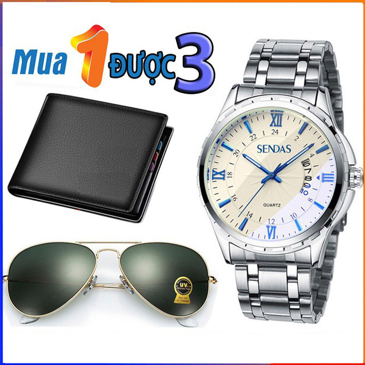 Combo phụ kiện thời trang kính mắt chống tia UV, ví da và đồng hồ nam thời trang