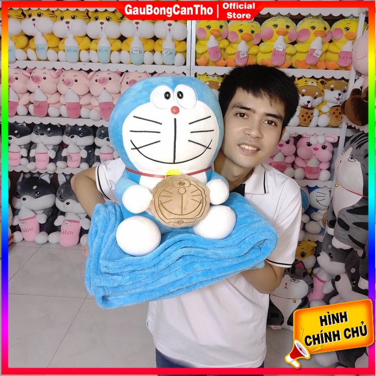 Gấu doraemon ôm bánh kèm chăn cao cấp