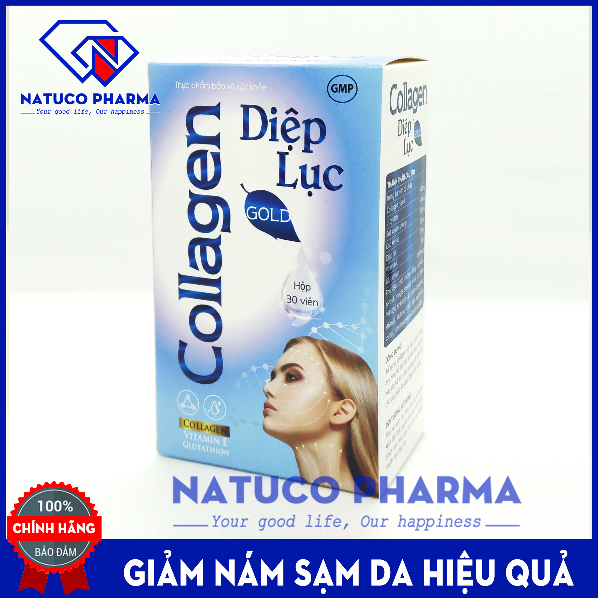Viên uống trắng da Collagen Diệp Lục Gold (Cyan) - giúp giảm nám da, sạm da, nhăn da, làm đẹp da hiệu quả- Kết hợp Collagen, diệp lục, Vitamin E - Hộp 30 viên dùng 2 tuần