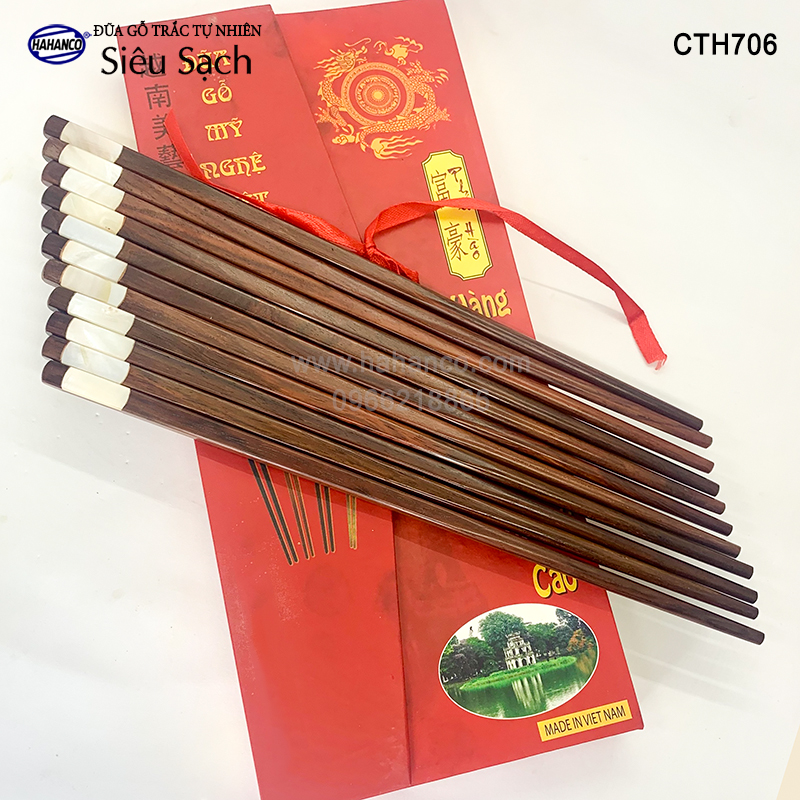 Đũa gỗ Trắc đầu khảm xà cừ 2 cạnh (10 đôi/hộp đẹp làm quà biếu ) CTH706 - HAHANCO