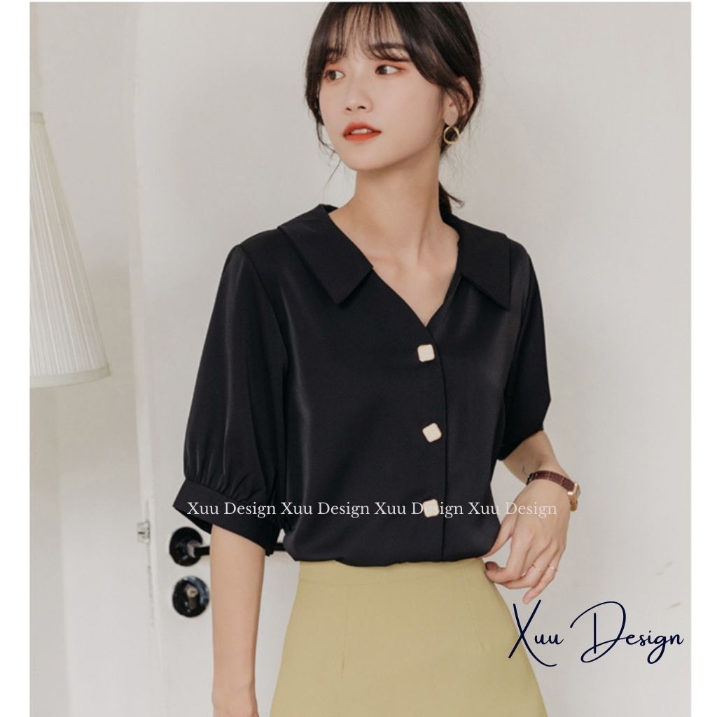 Áo sơ mi nữ kiểu cổ V Xuu , kiểu dáng basic trơn tay lỡ thời trang - SP44