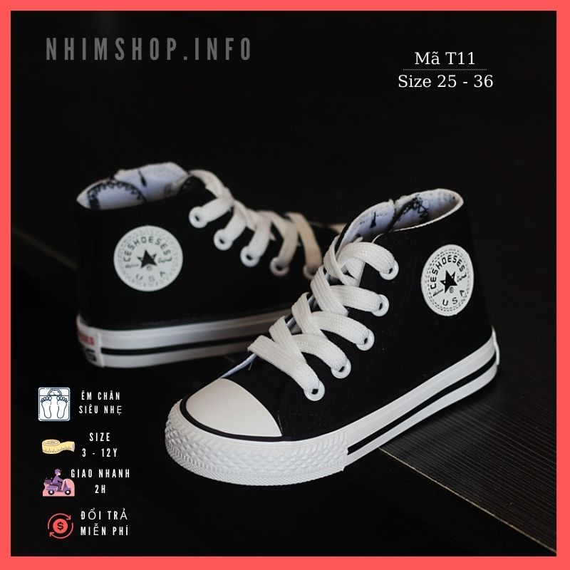 Giày trẻ em học sinh đi học T11 cổ cao cột dây và khóa kéo cho bé 3 - 12 tuổi năng động cá tính đế êm chống trơn