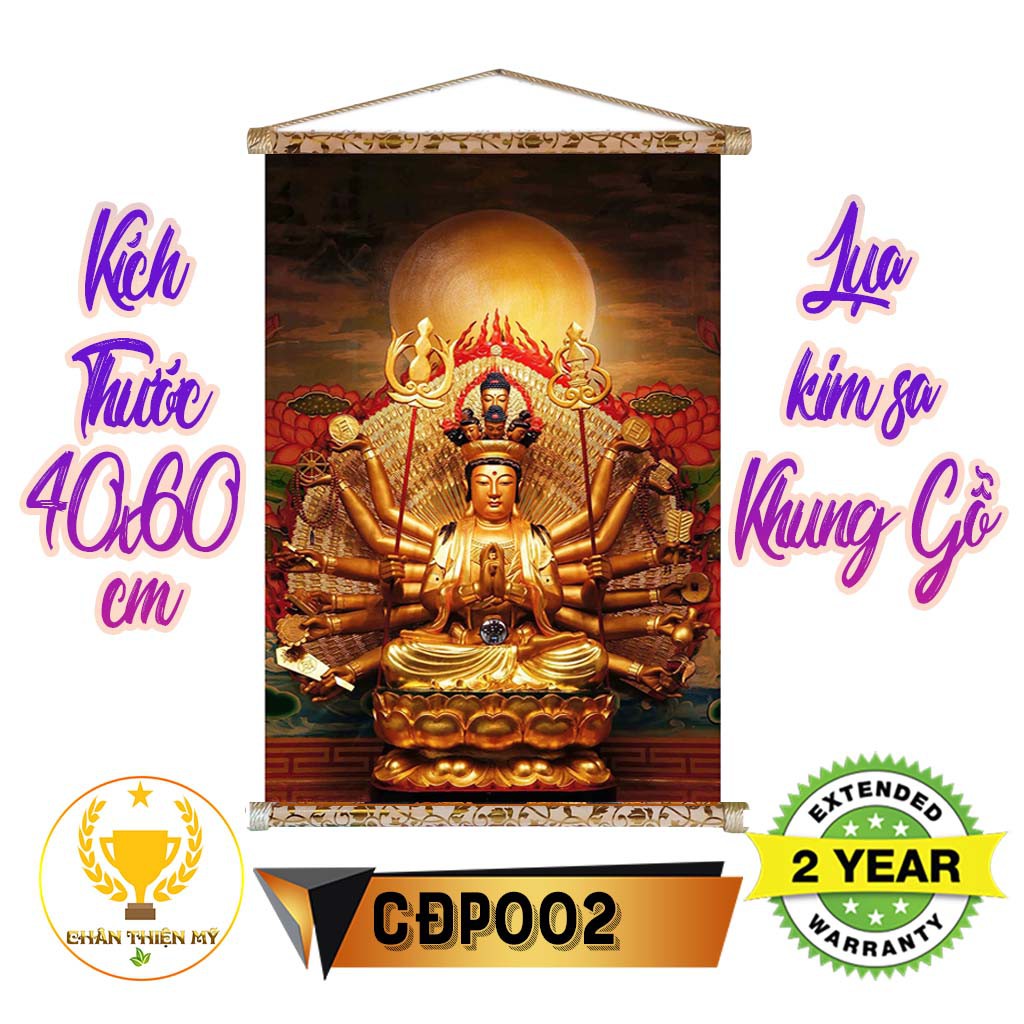[ Giá gốc tận xưởng] Tranh lụa kim sa Phật Chuẩn đề khung gỗ 40x60cm