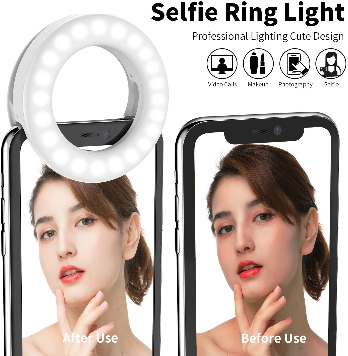KIPRUN Selfie Ring Light [3 Light Modes] [Rechargeable], Clip on Phone Camera LED Light, Adjustable Brightness Selfie Circle Light for iPhone X Xr Xs Max 7 8 Plus 11 Pro Android iPad Laptop