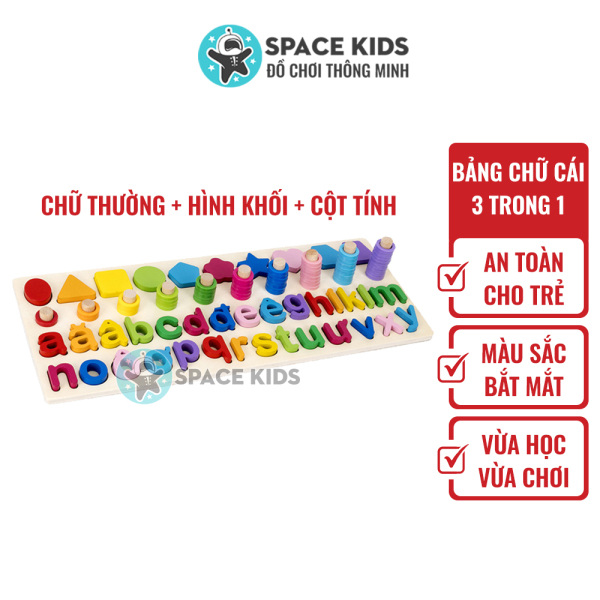 Đồ chơi cho bé Space Kids, Bảng gỗ 3 trong 1 bảng chữ cái tiếng việt CHỮ THƯỜNG, hình khối và cột tính
