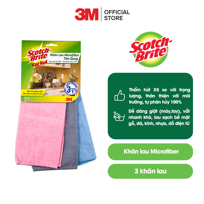 Bộ 3 khăn lau Microfiber Scotch Brite 3M (30 x 30cm)