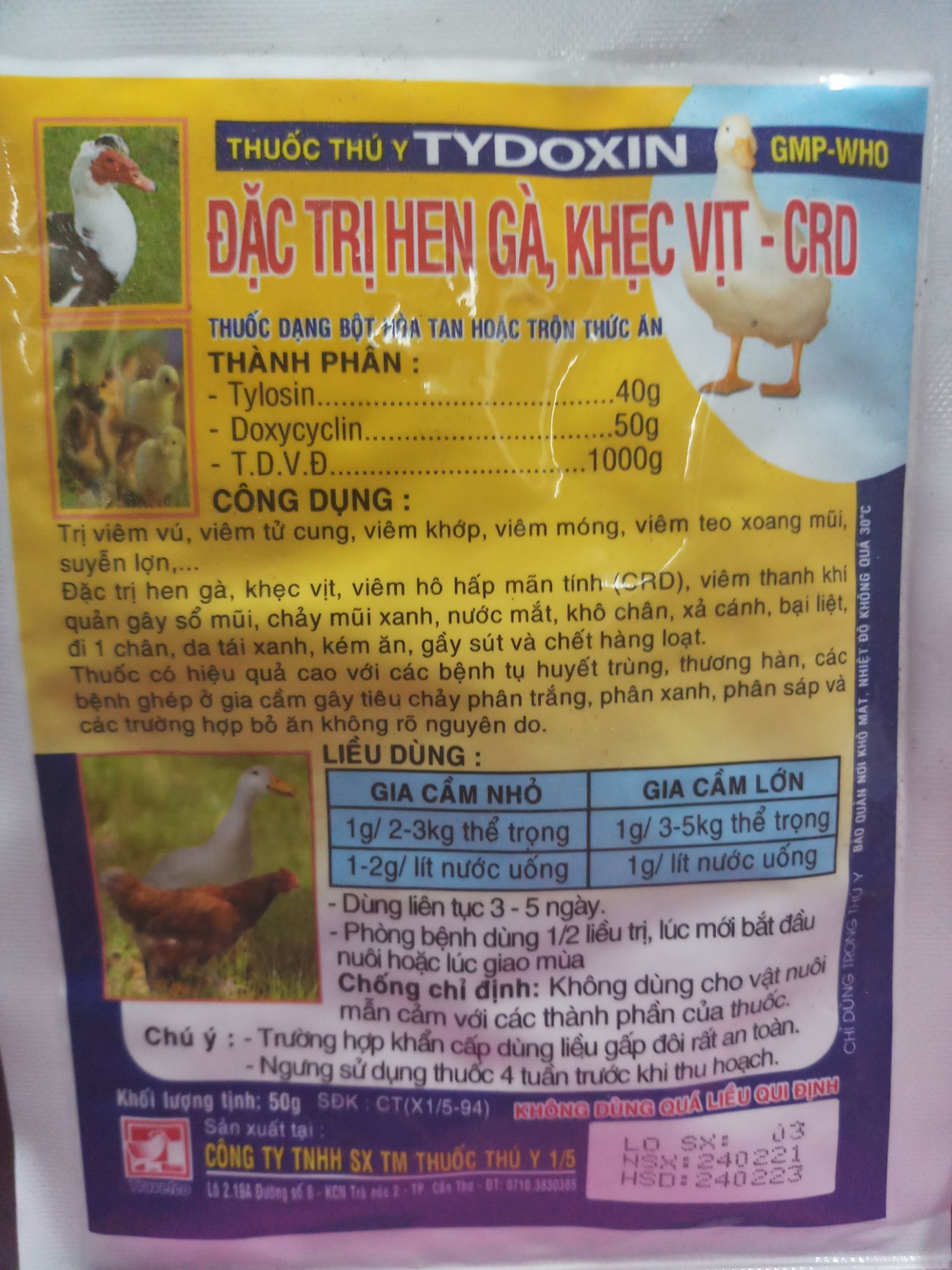 Tydoxin 50 gram hen gà, khẹc vịt