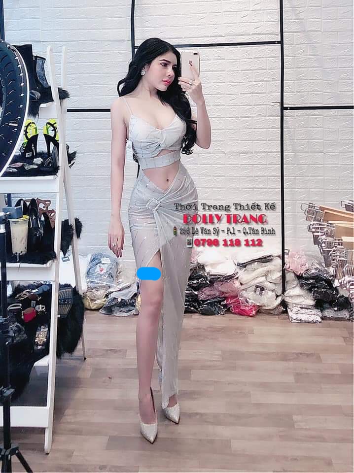Đầm body kim sa 2 dây hở eo sexy
