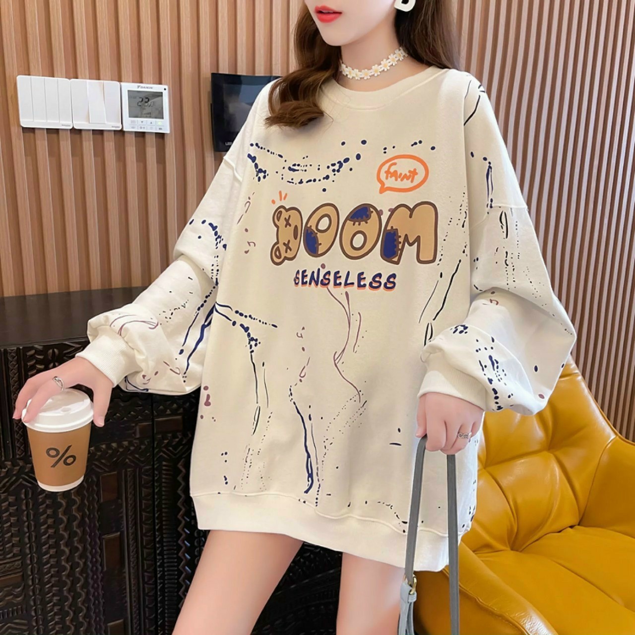 Áo sweater nữ cổ tròn in chữ 3d boom senseless thiết kế form rộng tay dài kiểu dáng hàn quốc dễ thương năng động