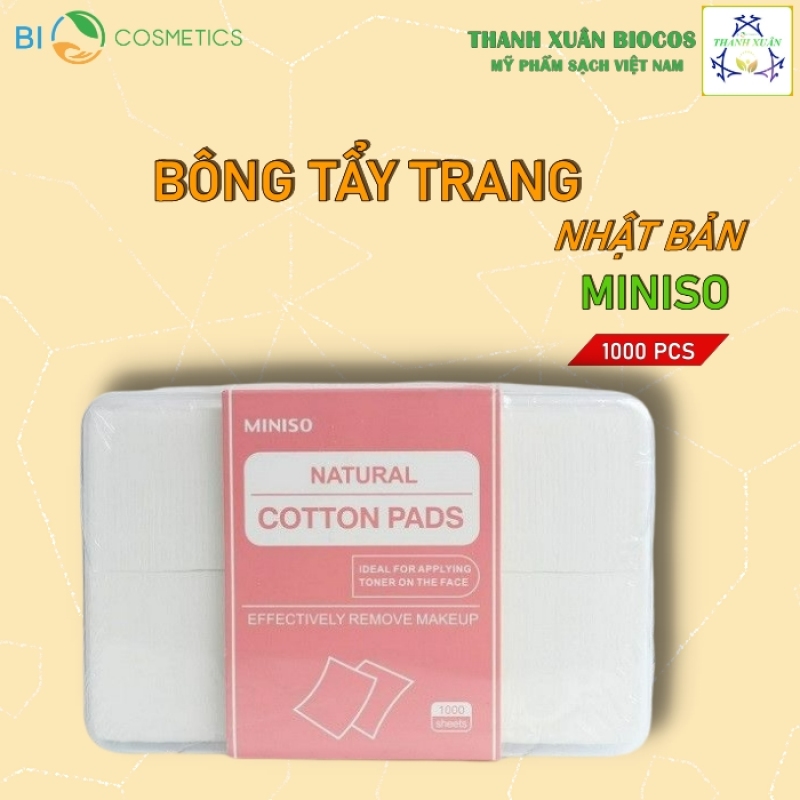 Hộp Bông Tẩy Trang Miniso 1000 Miếng Vuông Của Nhật Bản, Làm Từ Cotton 1 Lớp Siêu Mỏng, Dùng Đắp Toner, An Toàn Cho Da