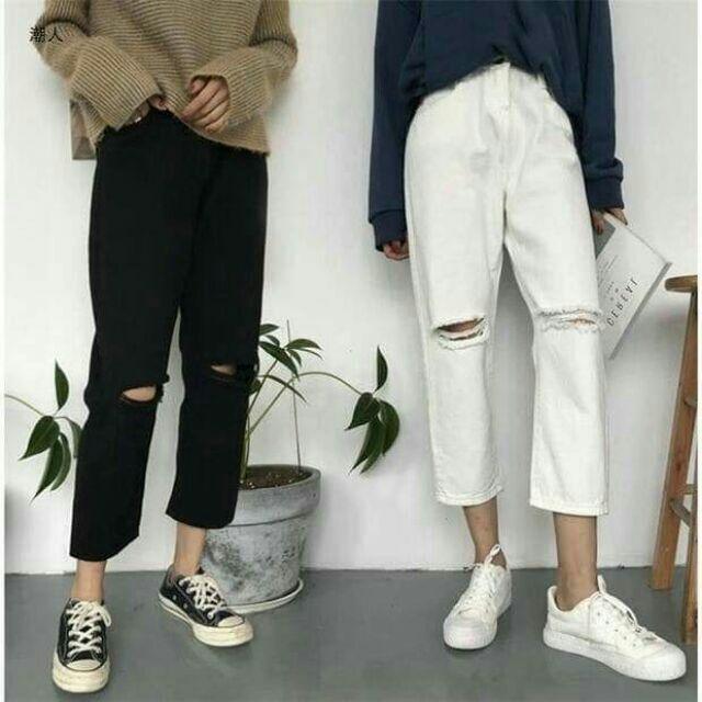 Baggy trơn basic lưng thun rách gối