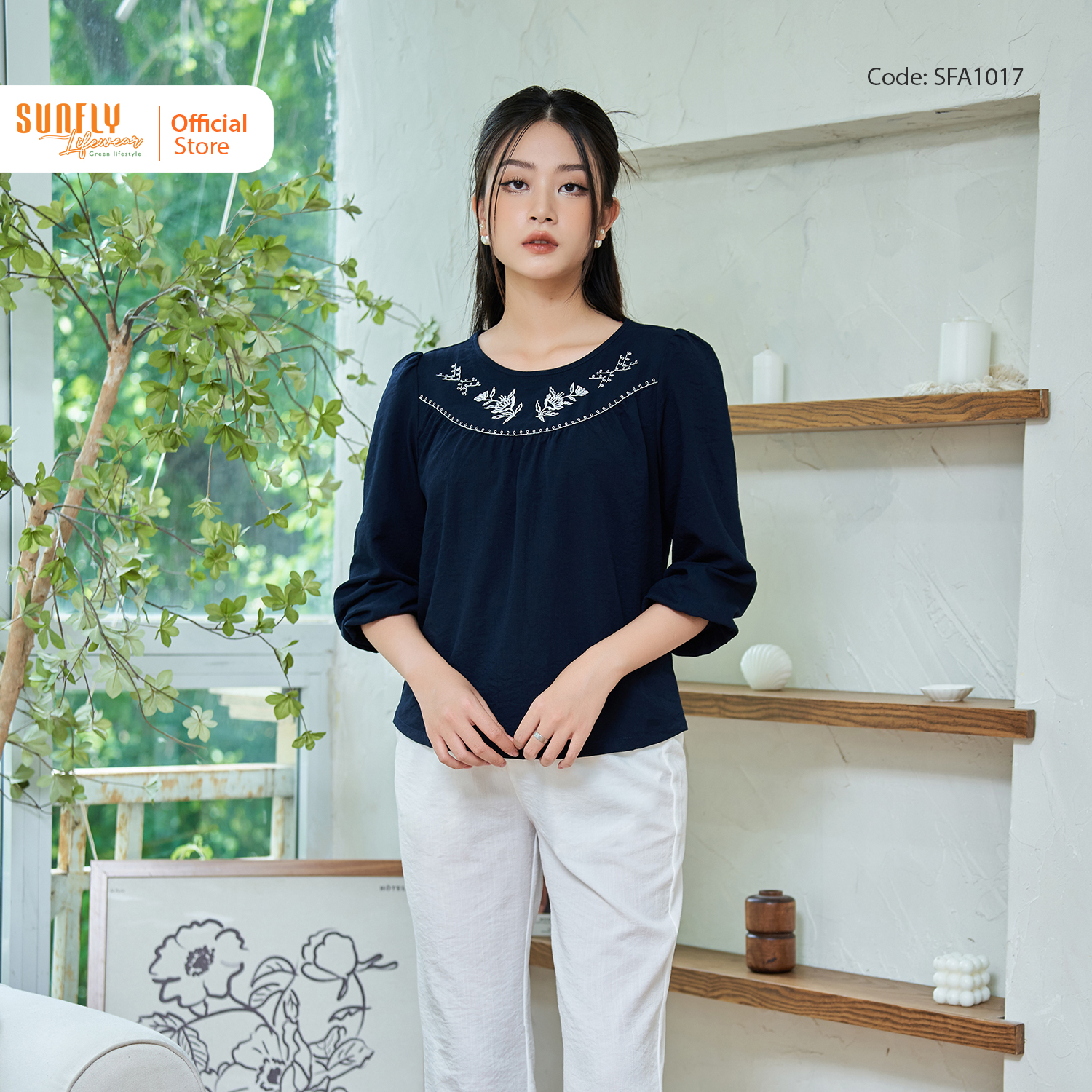 Áo sơ mi nữ linen sunfly áo kiểu nữ thêu cổ ngọt ngào, quyến rũ sfa1017
