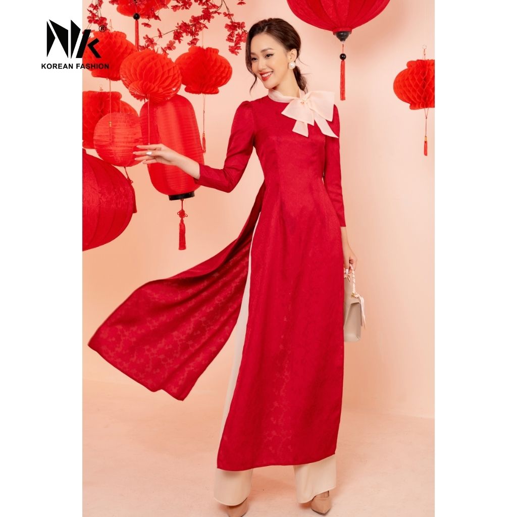 Áo Dài Gấm Cách Tân Trắng NK Fashion NKBD2112004 Thiết Kế Hiện Đại Nơ Cổ Sang Trọng, Màu Sắc Trang Nhã