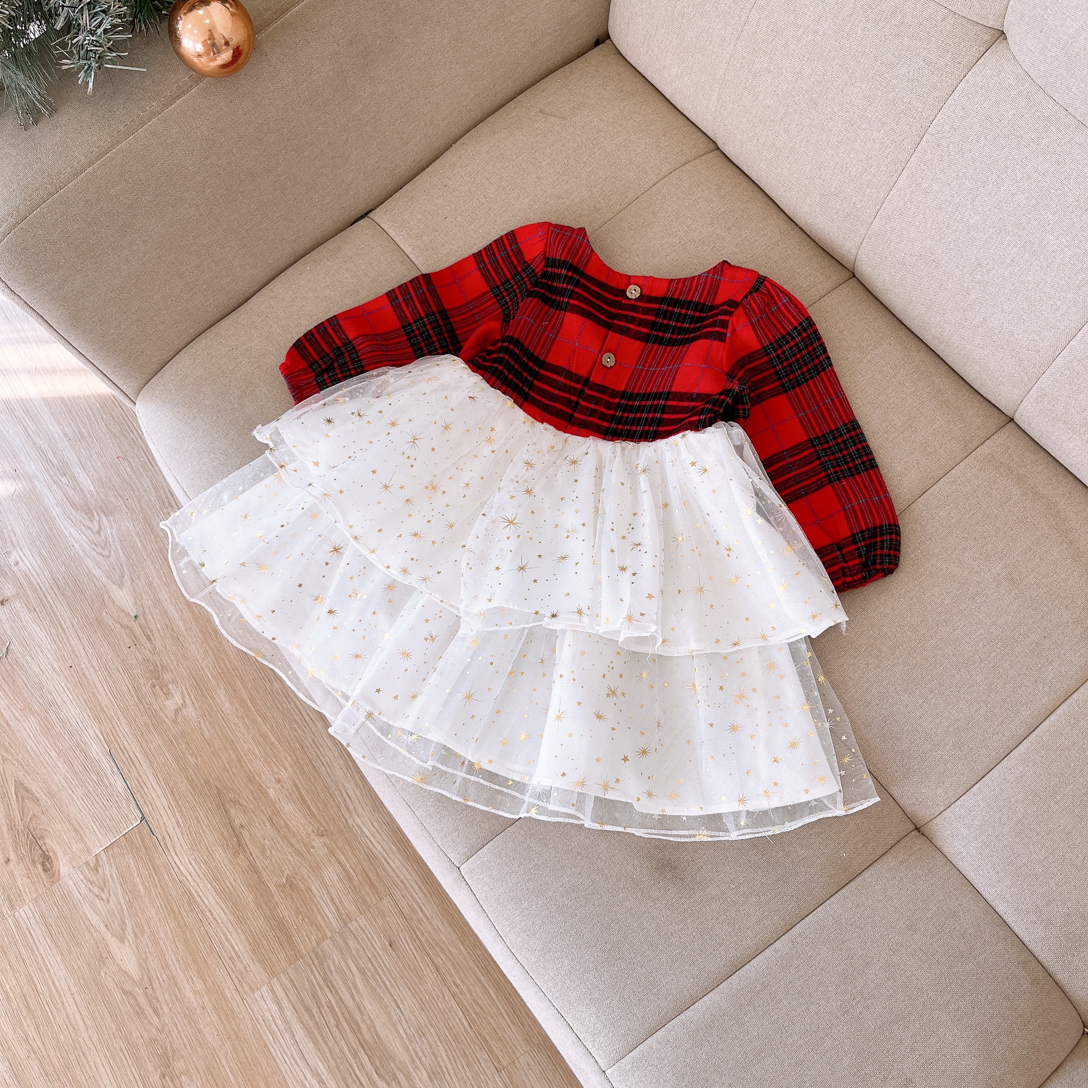 Váy Noel công chúa bé gái nỉ kẻ đỏ phối nơ đáng yêu voan xòe 2 tầng