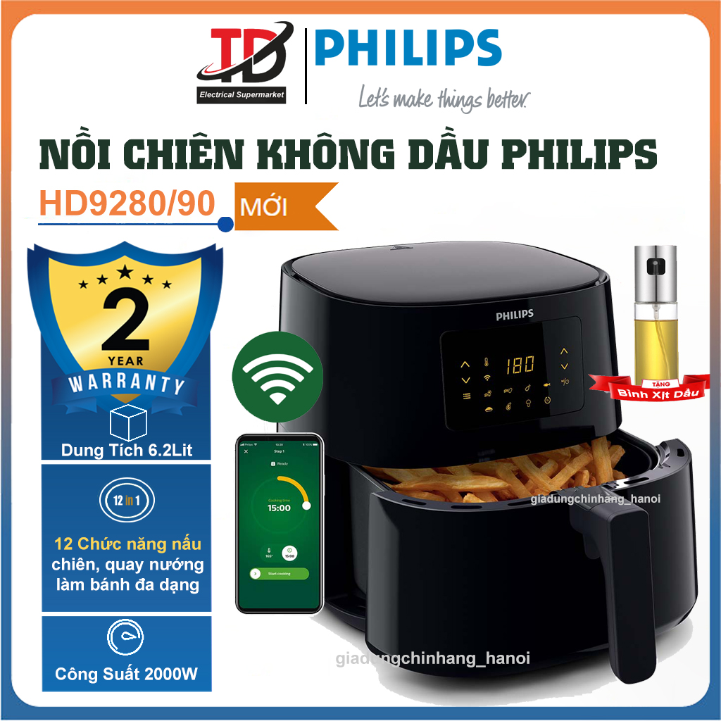 Nồi Chiên Không Dầu Philips HD9280/90, Kết Nối Wifi - 6.2Lit/2000W, Bảo Hành Chính Hãng 2 Năm