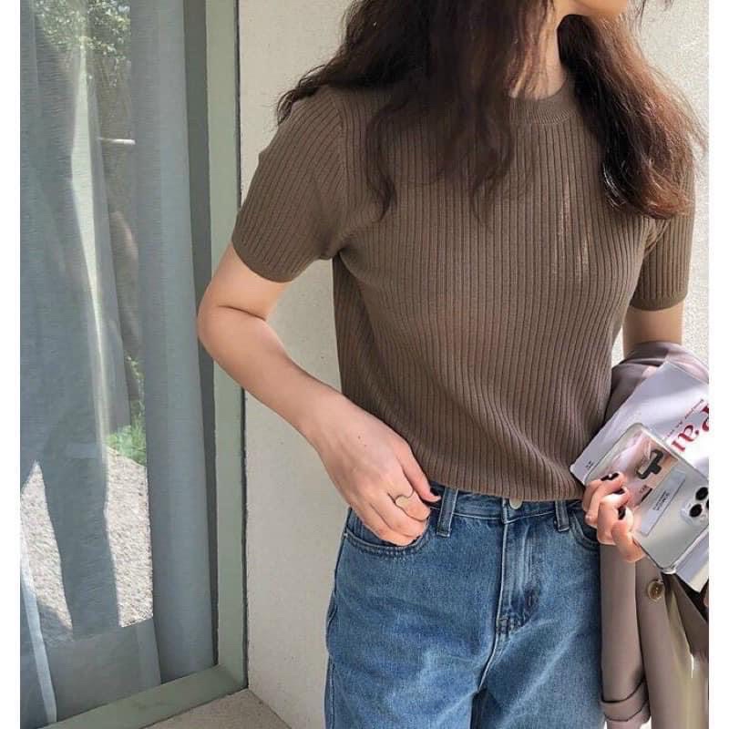 Áo Len Tăm Đũa Cộc Tay Cổ Tròn Basic