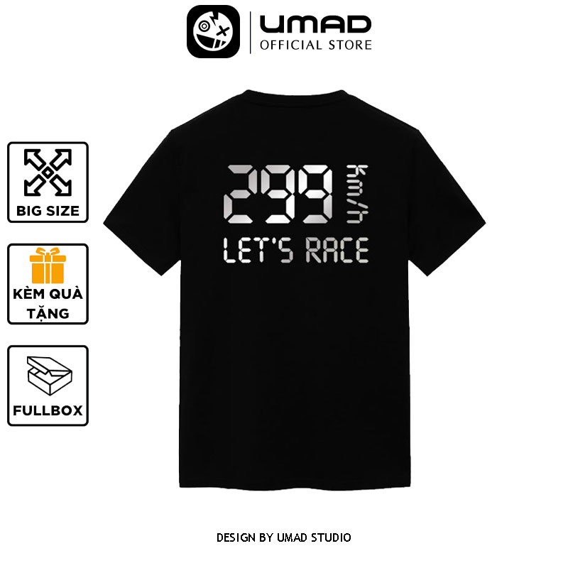 Áo thun nam UMAD racing boy 299km/h phản quang cổ tròn tay ngắn màu đen có big size 4XL 100kg mẫu Biker xe độ, xe đua rcb đi phượt chất vải thể thao thoáng mát