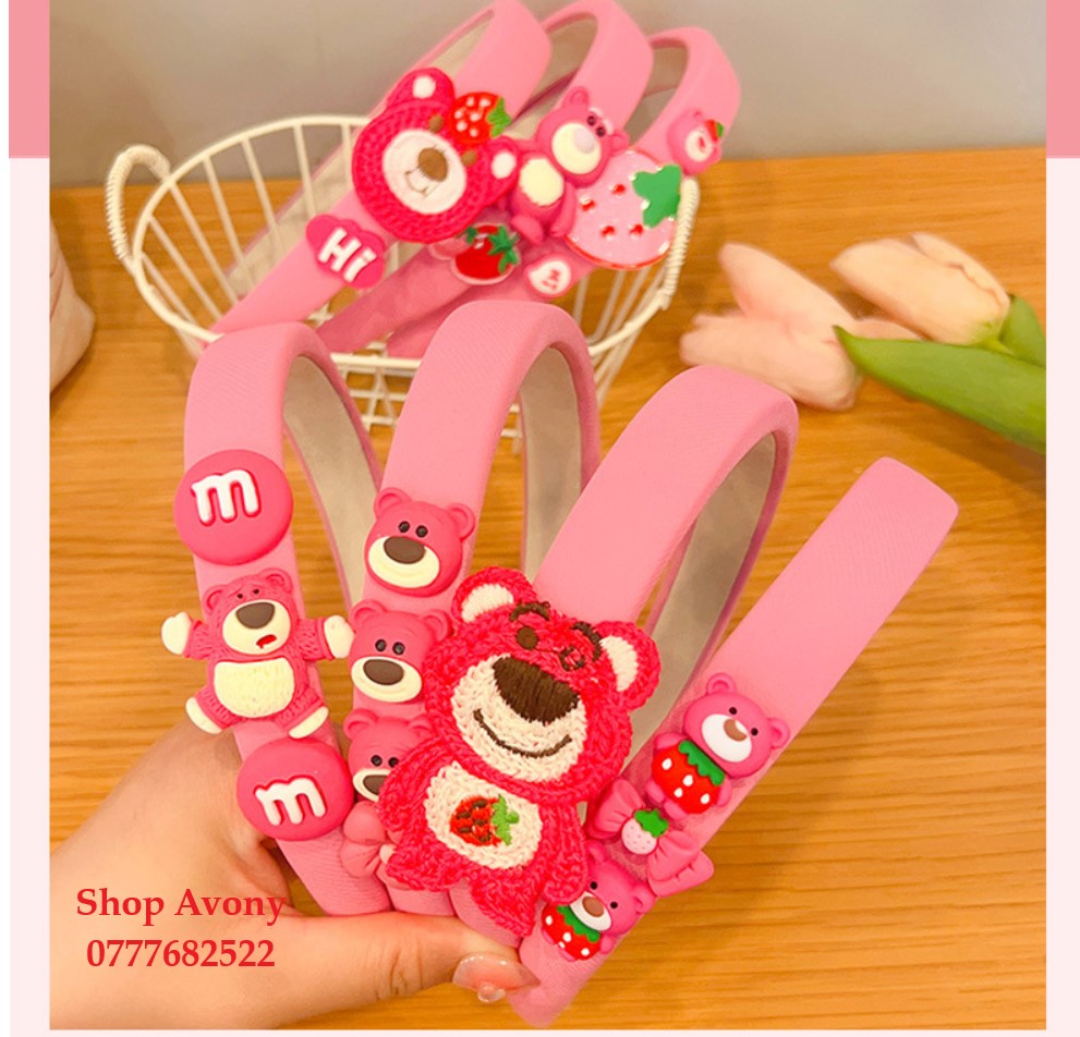 Cài tóc - Bờm tóc vài màu hồng đính icon gấu dâu (Lotso)