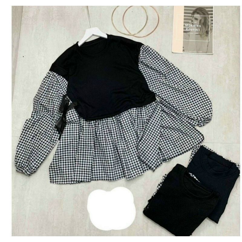ÁO BABYDOLL TAY DÀI CARO NHÍ CỘT NƠ EO THỜI TRANG- ÁO NỮ MỚI VỀ