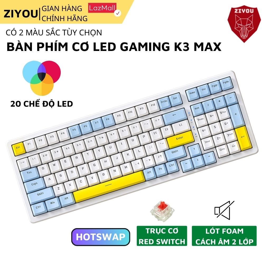 Bàn Phím Cơ Gaming Red Switch Ziyou K3 MAX Led Đổi Màu Nhiều Chế Độ, Dành Cho Máy Tính Laptop PC