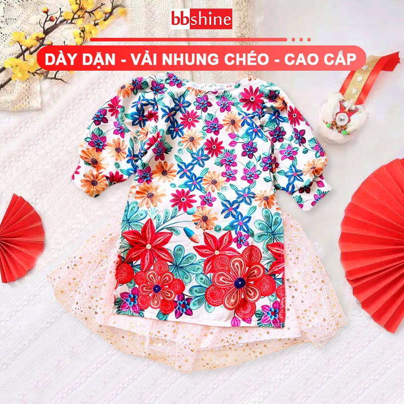 Áo dài cách tân gấm dệt hoa bbshine, áo dài bé gái tay bồng công chúa xinh xắn – ad005