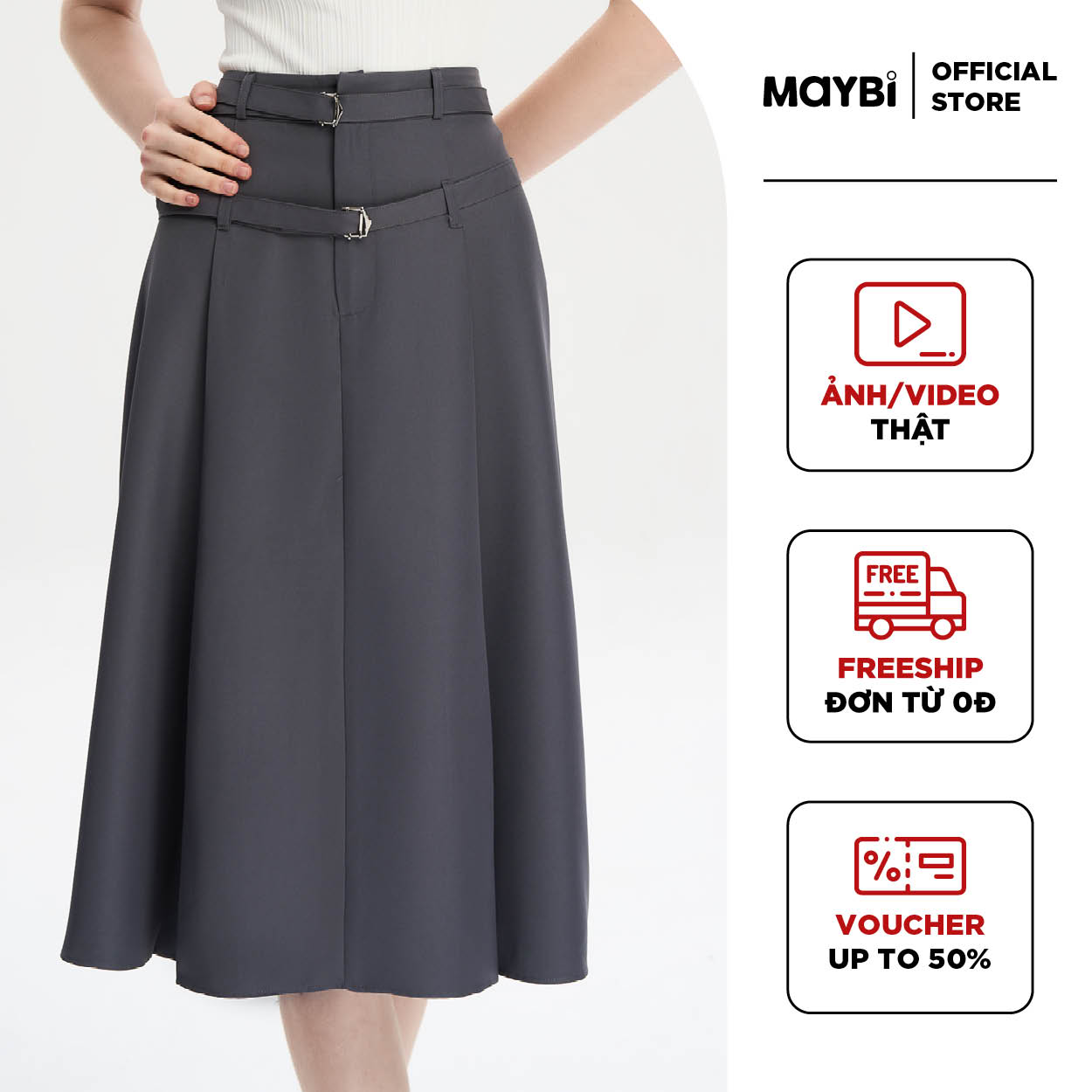 Chân váy midi xòe cotton lạnh dây lưng kiểu Maybi