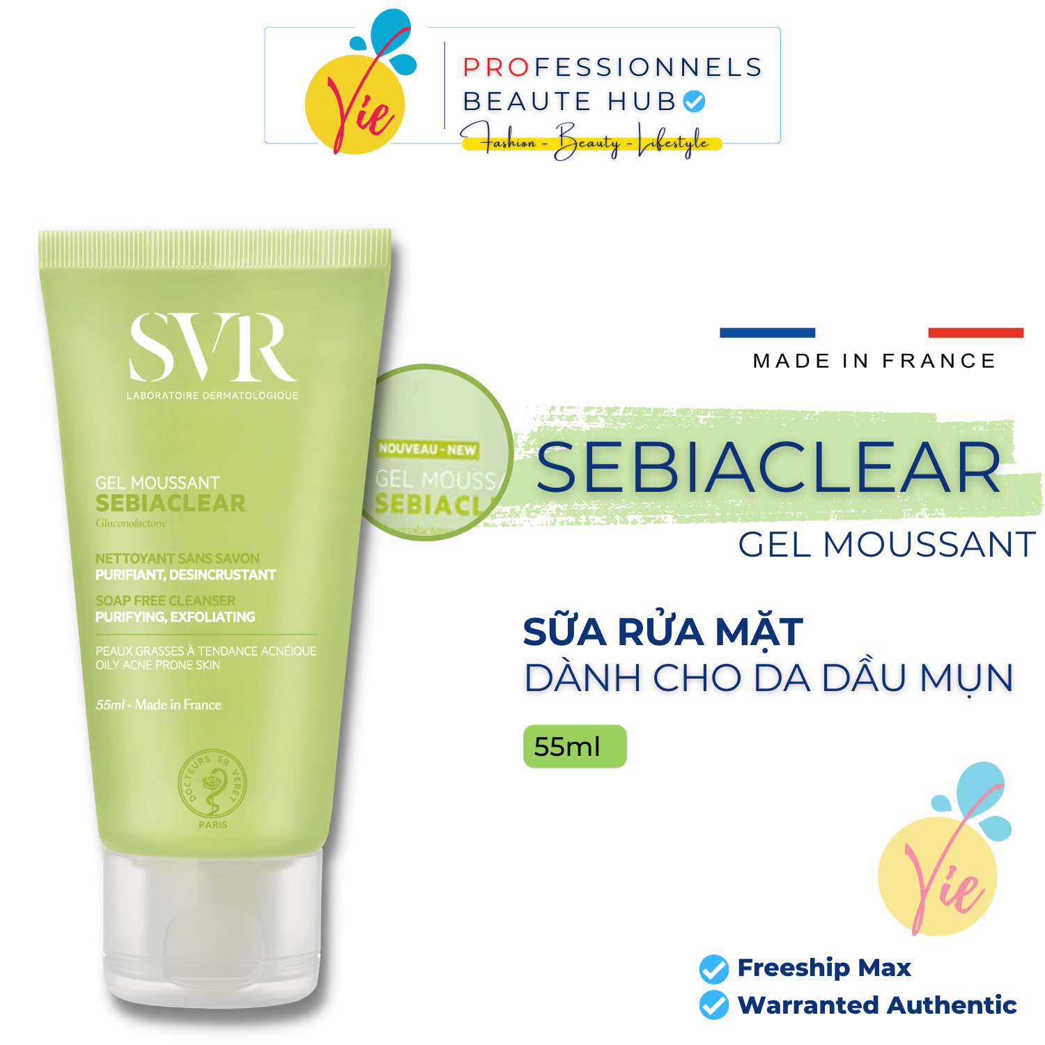 Sữa rửa mặt làm sạch & loại bỏ tế bào chết SVR Sebiaclear Gel Moussant 55ml