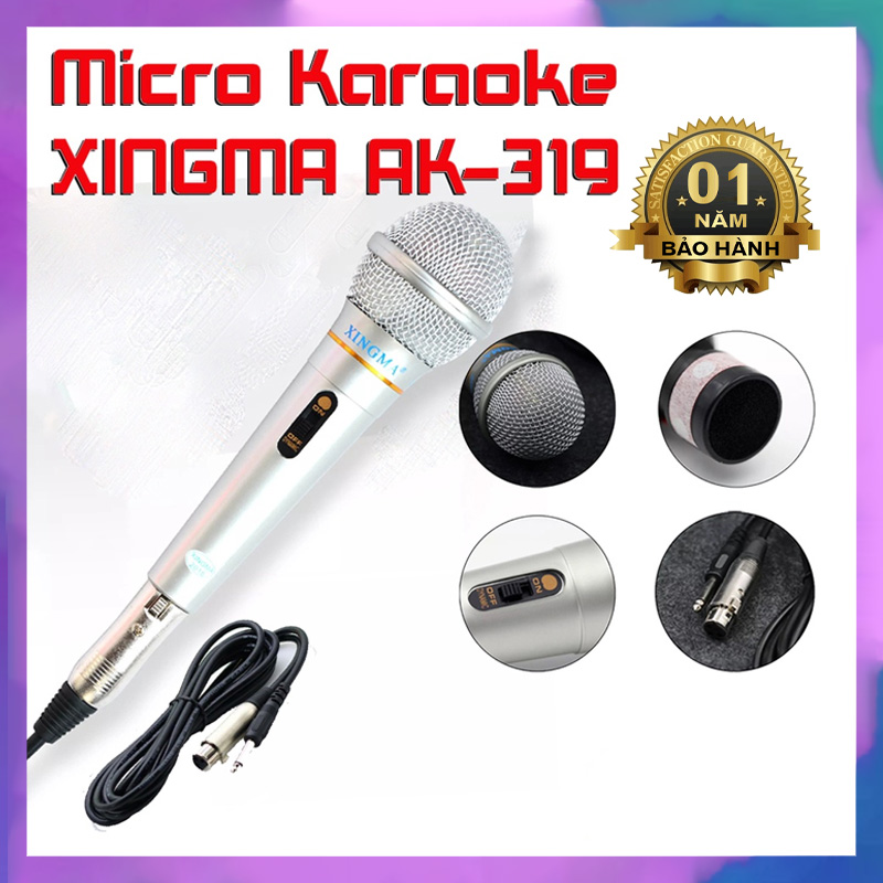 Mic hát Karaoke cắm dây XINGMA AK-319 hát gia đình, Micro Có Dây dài 3m, jack cắm 6.5mm phù hợp nhiều loại loa karaoke, amply