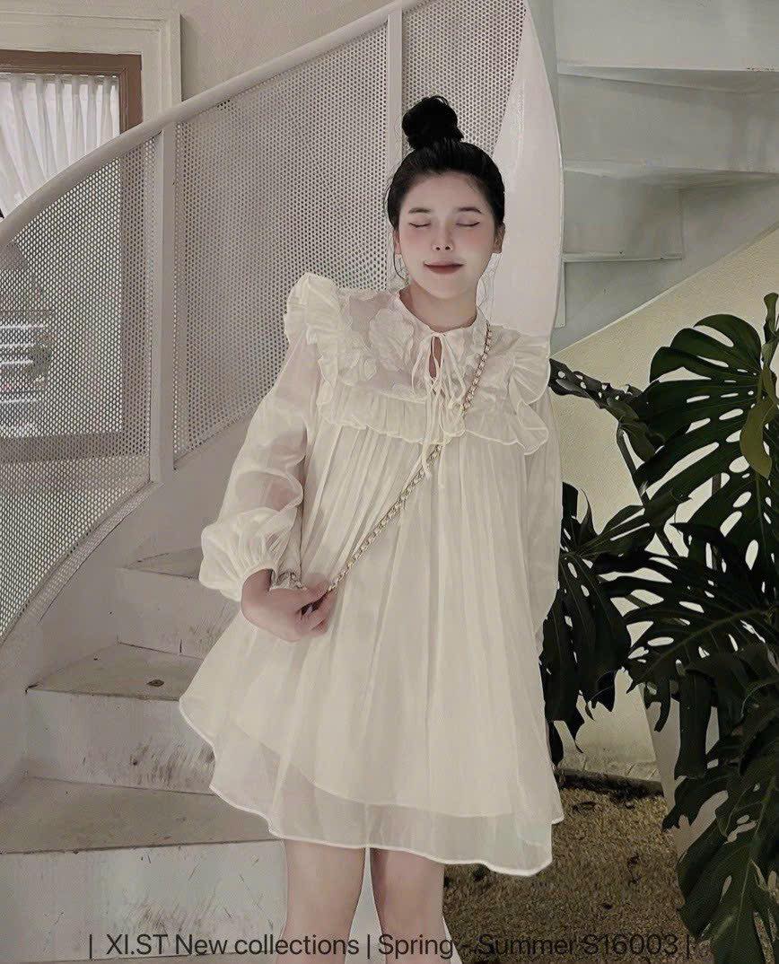 ĐẦM BBD TRẮNG CỔ BÈO VÂN HOA TAY DÀI