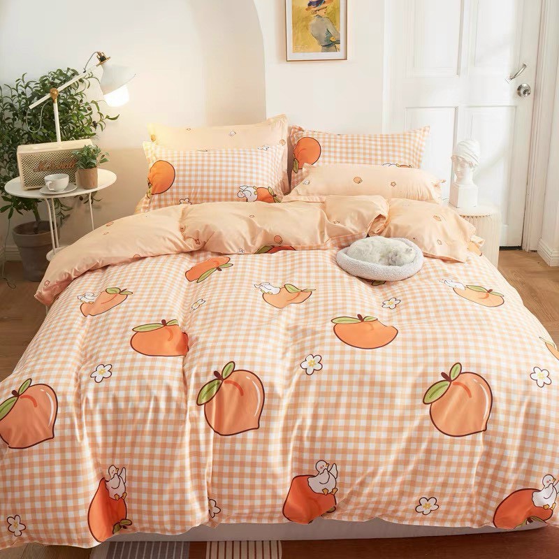 [ XẢ KHO ] SET 5 món Cotton Poly nhập khẩu (Cam Đào Caro )--- miễn phí bo chun drap ga giường