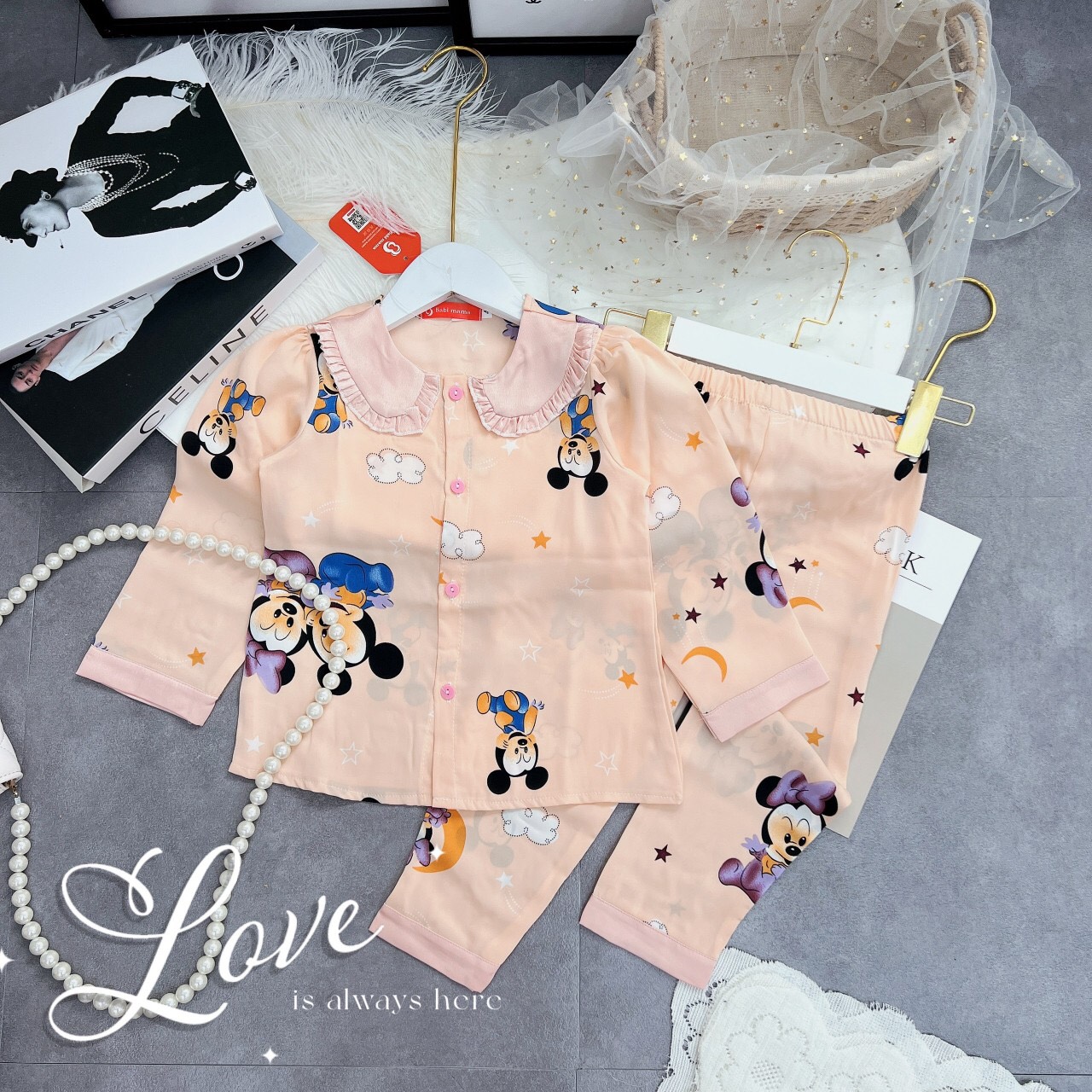 Bộ Ngủ Pijama Lụa Mango  Dài Tay cổ bèo cho bé gái