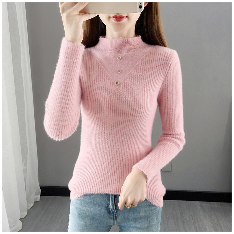Hàng nhập - Áo len lông thỏ ôm sát cổ 3 phân ngực phối nút basic - DL65141