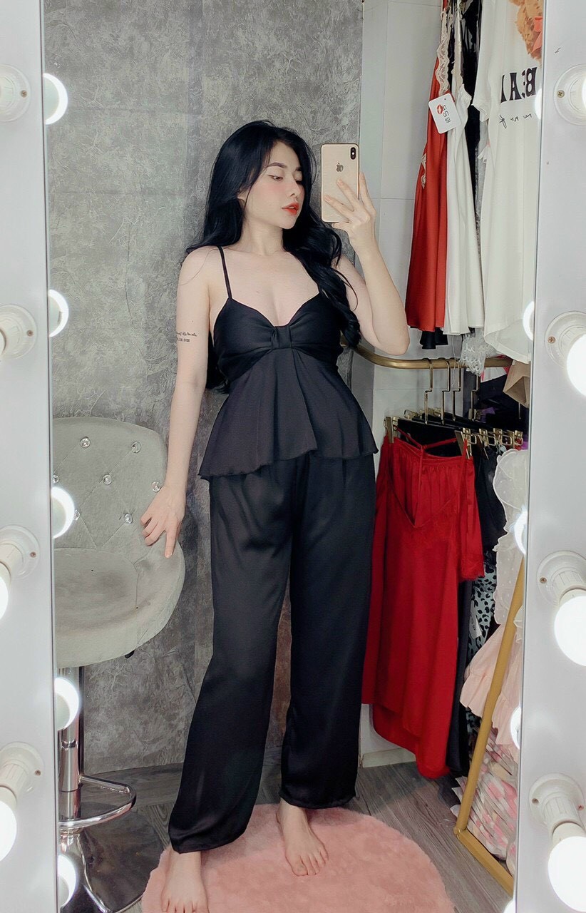 Đồ ngủ lụa nơ satin quần dài dễ thương cao cấp
