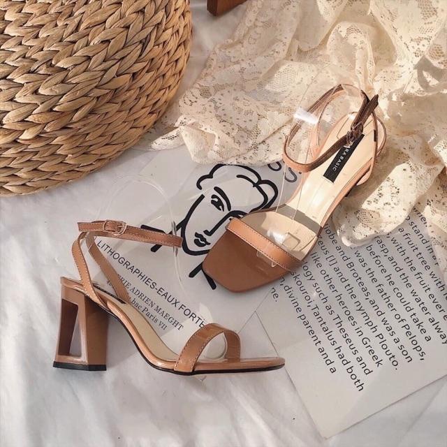 Sandal cao gót 7 phân đế vuông da bóng mới