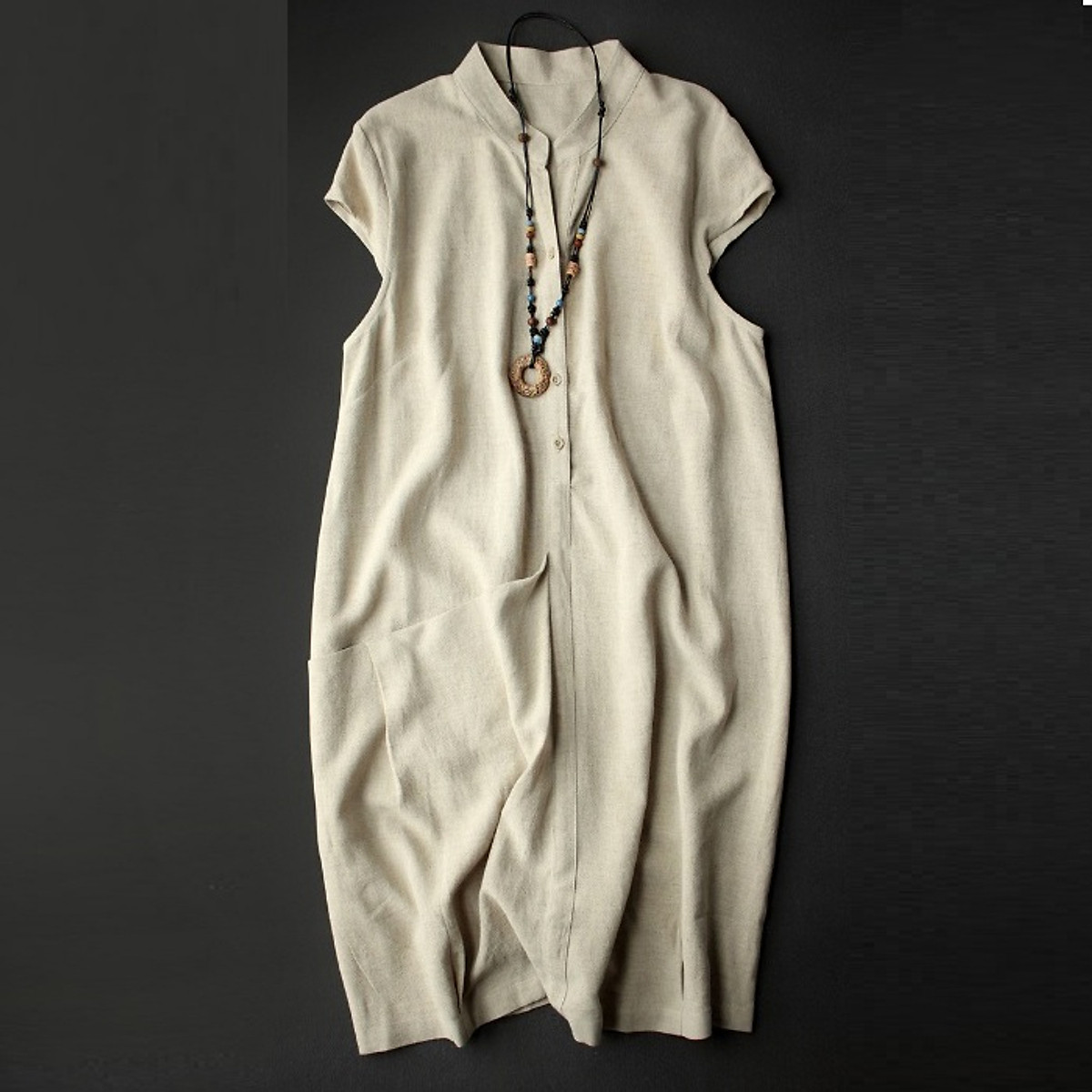 Đầm suông linen slinen, cổ trụ phát v, tay con túi chéo trước