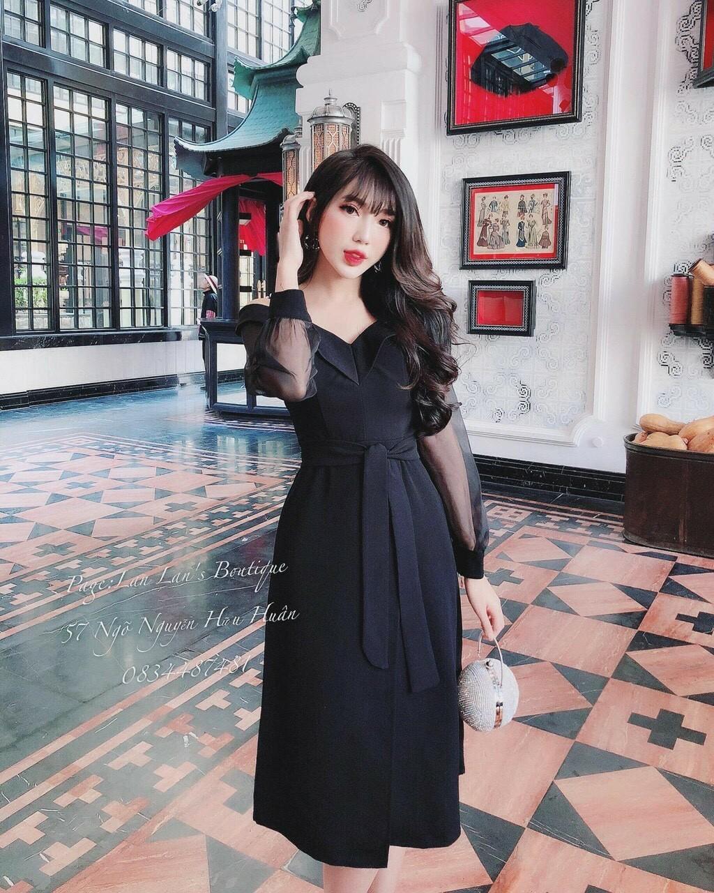 Đầm trễ vai cổ V phối nơ eo cục hót TTS0298
