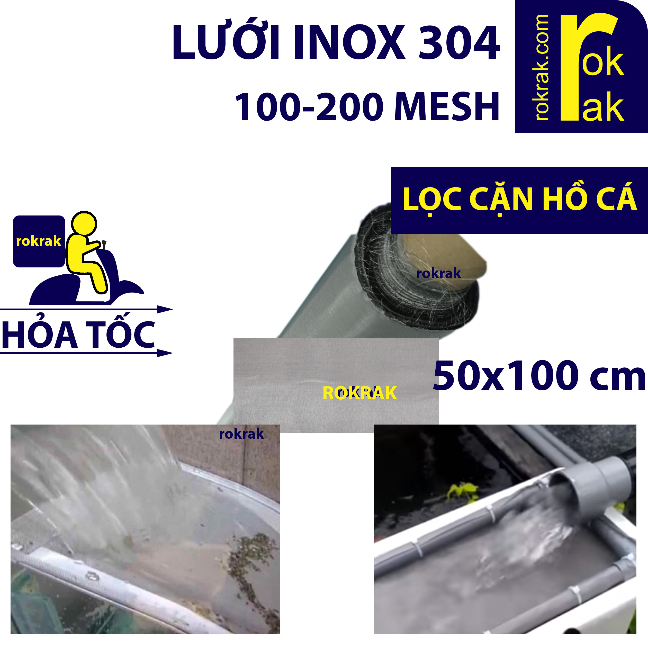 Lưới inox 304 khổ 50x100 cm mắt 100 - 200 mesh mịn ĐỊNH LƯỢNG CAO by ROKRAK lọc cặn hồ cá koi, hồ công nghệ