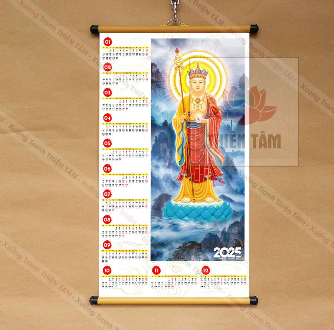 Lịch Phật Giáo 2025 kích thước 40x70cm bằng vải bóng cao cấp, dày dặn (có ngày âm lịch)