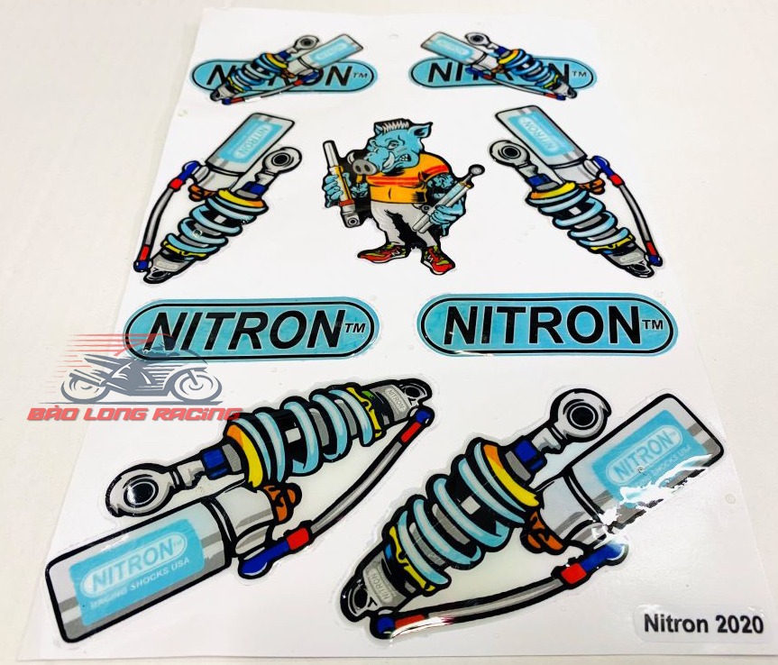 Tem Sticker deca  hình phuộc Nitron trang trí xe máy...màu Xanh