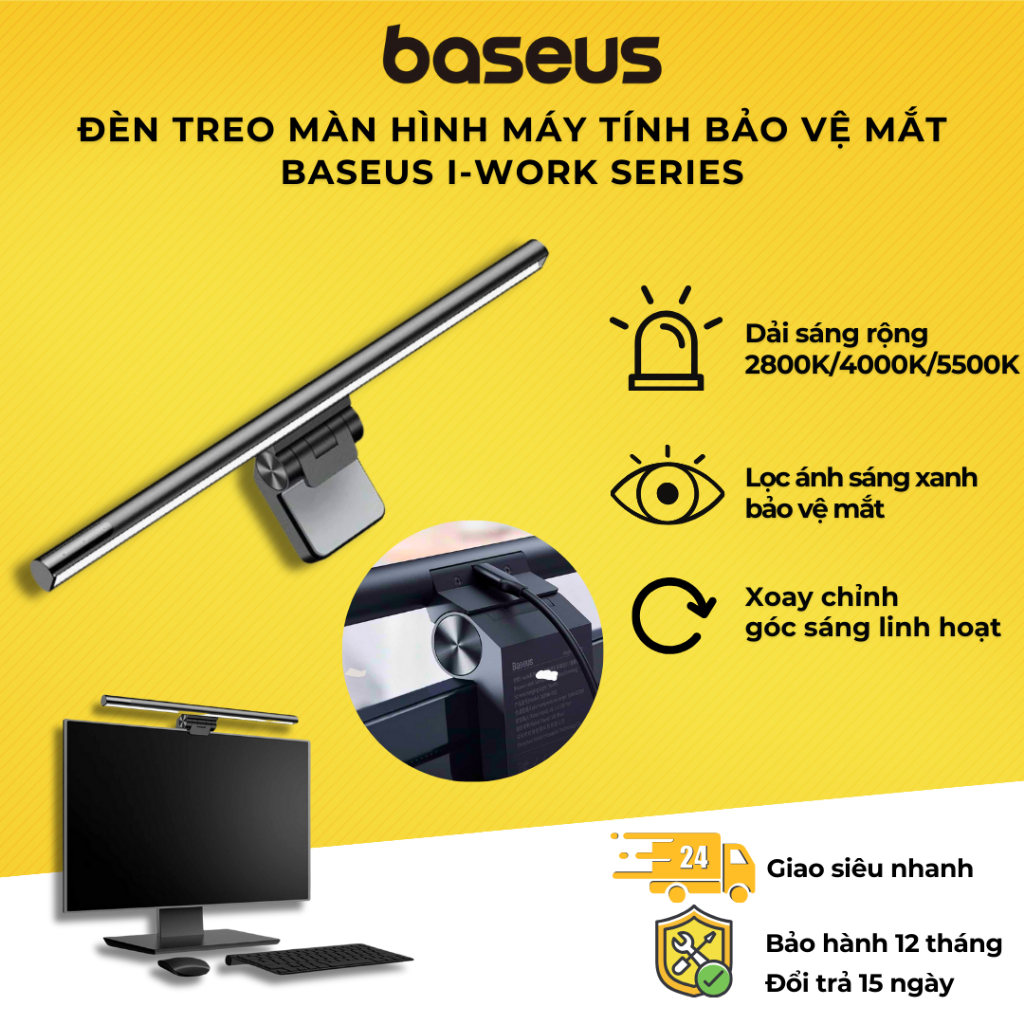 Đèn treo màn hình bảo vệ mắt Baseus i-Work Series (3 Light Mode, Anti Bluelight, USB Asymmetric light source, Stepless Dimming Screen Hanging Light, Youth Model)