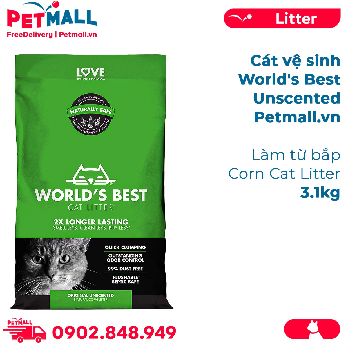 Cát vệ sinh Worlds Best Unscented 3.1kg (xanh lá) - làm từ bắp - Corn Cat Litter Petmall